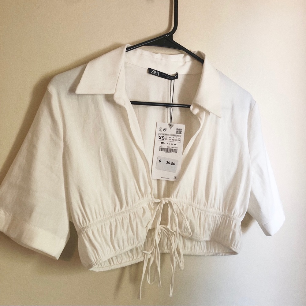 Zara linen blend front tie ecru crop top